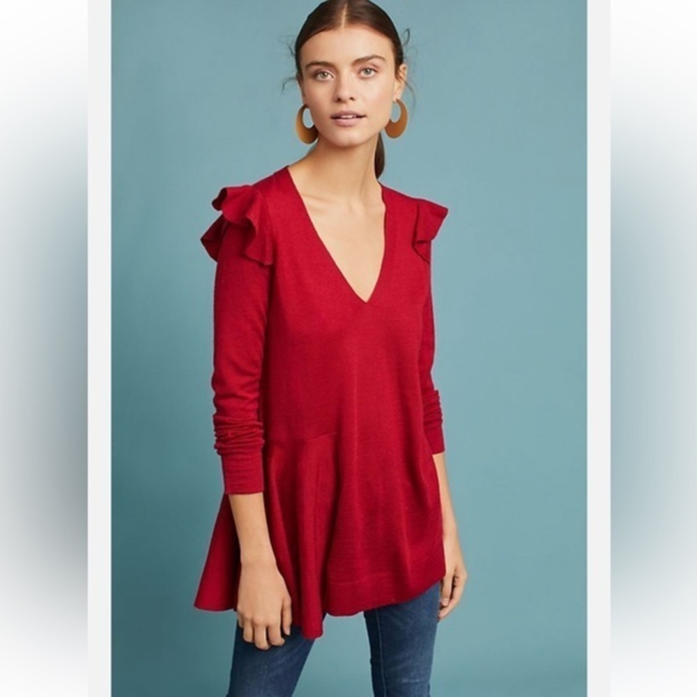 Anthropologie Moth Red V Neck Ruffle Babydoll Wool Blend Sweater Size Large